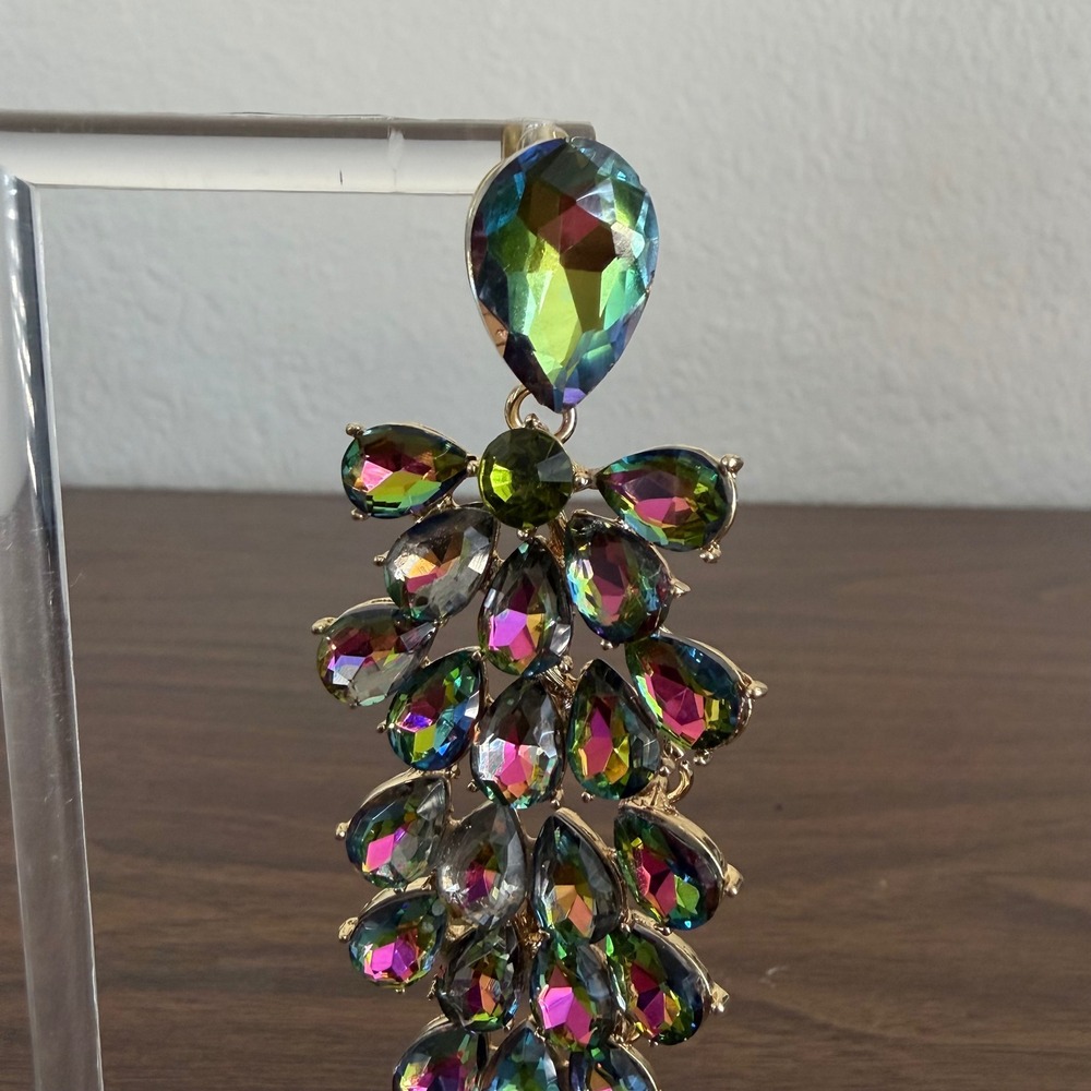Chandelier Rhinestone Crystal Pageant Bridal Earrings AB Drop Dangle 4" Green - Picture 6 of 10